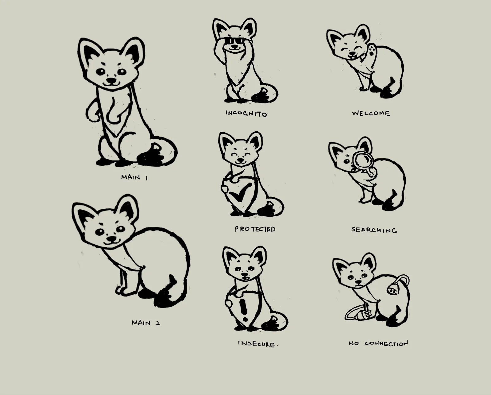 The hand-inked sketches of the marten in nine poses: two main poses, incognito, welcome, protected, searching, insecure and no connection.